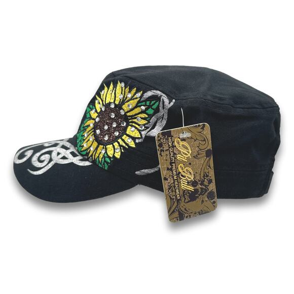 Sunflower Graphic Cadet Hat Rhinestone Round Top BDU Baseball Castro Cap - Picture 3 of 6